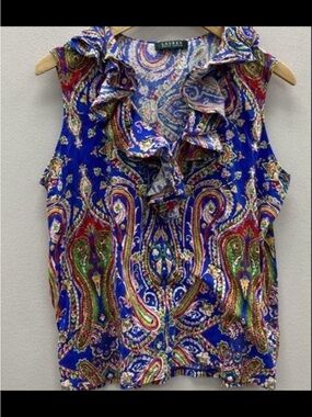 EUC Lauren Ralph Lauren Blue Multicolor Paisley Ruffle Blouse M